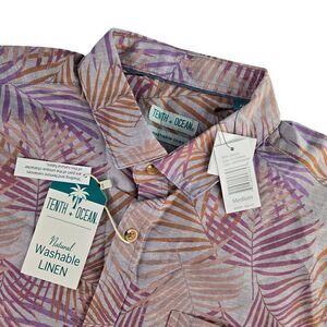 Tenth + Ocean F112X4044 Mens Medium‎ Purple Palm Leaf S/S Washable Linen Shirt
